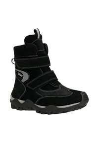 Schwarze Wildlederstiefelette mit zwei verstellbaren Riemen, weißer Naht und einer strukturierten Gummisohle. Verfügt über graue Akzente an der Seite.