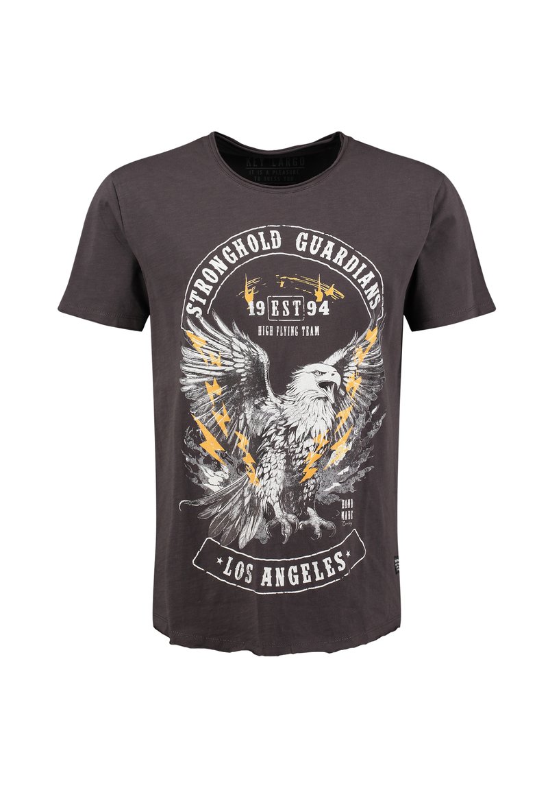 Camiseta negra de algodón con un diseño gráfico de un águila con rayos, texto circular y un dobladillo curvado.