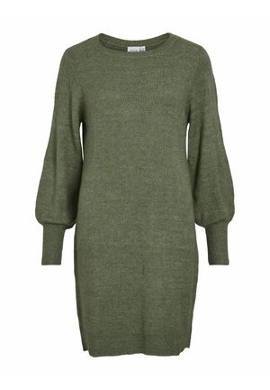Vestido suéter verde oliva con cuello redondo, mangas largas abullonadas, puños acanalados y un patrón de punto texturizado. Largo hasta el muslo, ajuste casual.