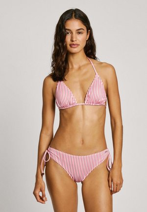 Striped bikini set with a pink and red color scheme. Features a triangular top and adjustable tie side bottoms. Soft fabric texture.
