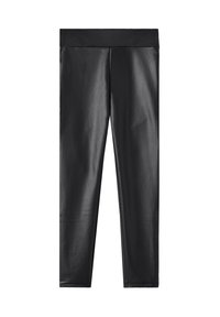 Svarta leggings i konstläder med en mjuk yta, hög midja och figurnära passform. Ingen synlig mönstring eller detaljering i metall.