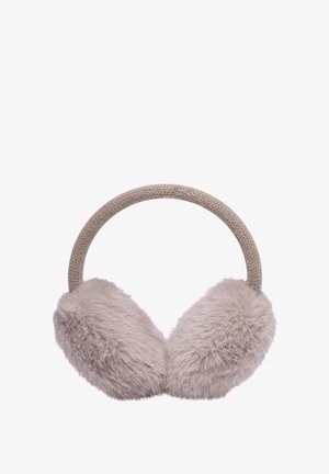 Nepvacht oorkappen in lichtbeige met een gebreide hoofdband. Ronde oorbedekkingen bieden isolatie en comfort.