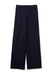 Pantaloni a gamba larga blu navy realizzati in tessuto morbido con una texture liscia e orlo a coste. Presentano una vita senza cuciture per un comfort ottimale.