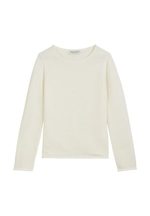 Top bianco a maniche lunghe realizzato in tessuto a maglia testurizzato, con scollatura tonda e una vestibilità morbida, dotato di polsini e orlo a coste.