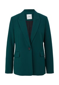 Blazer color teal con solapa con muesca, un botón negro único, dos bolsillos frontales y una tela lisa y texturizada. Forro interior en negro.