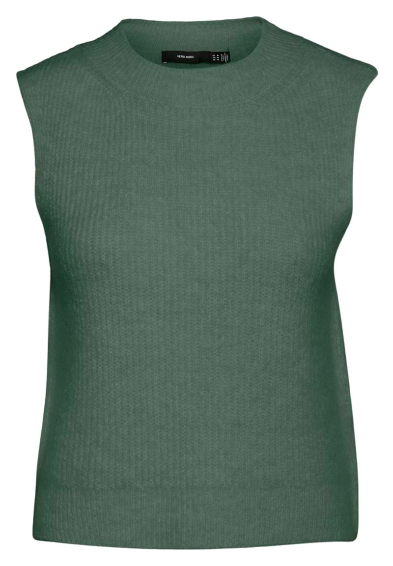 Ärmelloses grünes Rippstrickoberteil mit rundem Ausschnitt und strukturierter Oberfläche. Bietet eine enge Passform und ein minimalistisches Design.