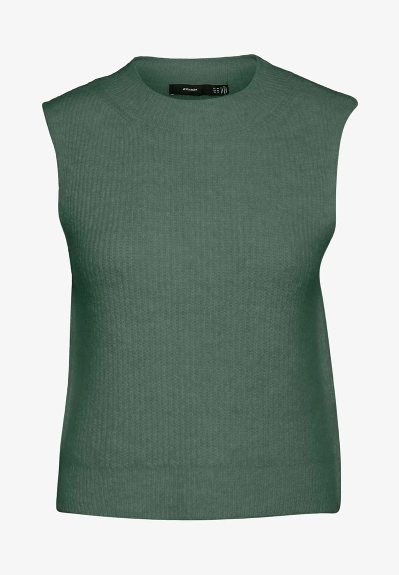 Ärmelloses grünes Rippstrickoberteil mit rundem Ausschnitt und strukturierter Oberfläche. Bietet eine enge Passform und ein minimalistisches Design.