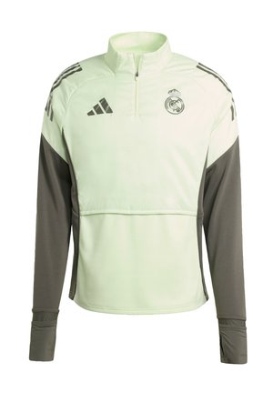 Light green athletic jacket with dark gray sleeves, half-zip design, embroidered logo, and contrasting shoulder stripes. Smooth texture.