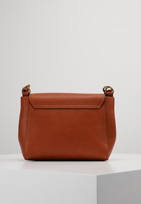 Borsa a mano in pelle marrone con design strutturato, parte superiore piatta e dettagli in metallo dorato. Texture liscia con cuciture minime.