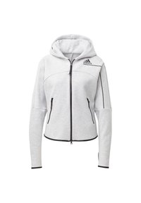 Sweat à capuche zippé Adidas gris clair avec capuche, fermeture éclair noire et détails sur les poches, avec le logo Adidas en haut à gauche de la poitrine.