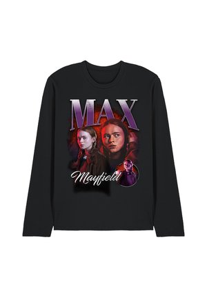 Schwarzes Langarmshirt mit drei Porträts einer jungen Frau mit geflochtenem Haar, großem lila Text "MAX" und weißer, kursiver Schrift "Mayfield".