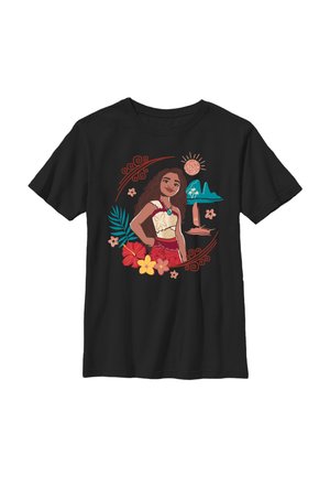 Czarny T-shirt z grafiką uśmiechniętej dziewczyny w tradycyjnym polinezyjskim stroju, otoczonej tropikalnymi kwiatami, liśćmi palmowymi, słońcem i elementami oceanu.