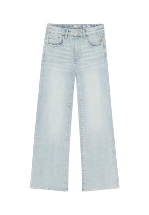 Hellblaue Jeans in weiter Passform mit hoher Taille, Vordertaschen und Knopfverschluss auf weißem Hintergrund.