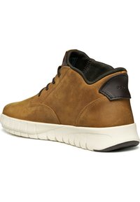 Brown leather ankle boots with a smooth finish, black textile collar, and white flexible sole. Leather logo detail on the heel.