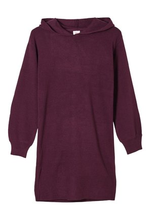 Abito felpa con cappuccio a maniche lunghe in viola profondo tinta unita con polsini e orlo a coste, realizzato in tessuto a maglia.