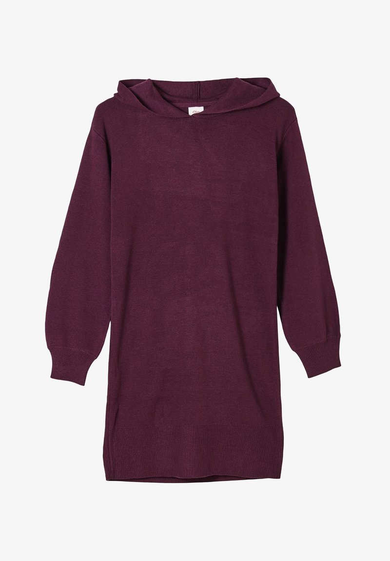 Robe-pull à capuche à manches longues en violet profond uni avec poignets et ourlet côtelés, fabriquée en tissu tricoté.