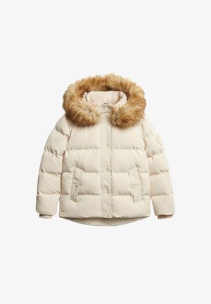 Puchowa kurtka kremowa z kapturem z sztucznego futra. Posiada zatrzaski, dwie przednie kieszenie i pikowaną teksturę. Miękki, ocieplony materiał zapewniający ciepło.