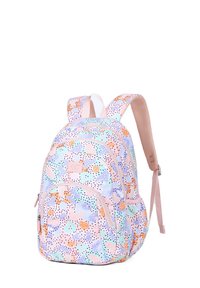 Zaino multicolore in tessuto, con un motivo astratto rosa, blu e arancione, tasca frontale con zip e spallacci imbottiti.