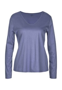 Paars T-shirt met lange mouwen en V-hals, gemaakt van zachte stof. Heeft een relaxed fit, soepele textuur en eenvoudig ontwerp.