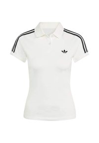 Biely polo tričko vyrobené z bavlny, s golierom, krátkymi rukávmi a čiernym trojpruhovým detailom na pleciach. Obsahuje malé čierne logo.