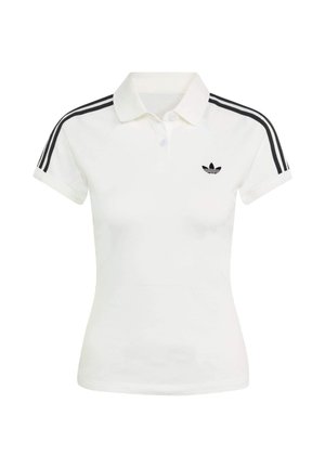 Bijela pamučna polo majica s ovratnikom, kratkim rukavima i crnim trostrukim detaljima na ramenima. Sadrži mali crni logo.