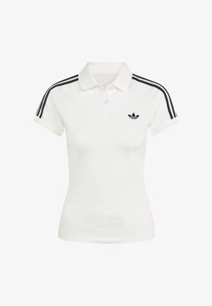 Biała koszulka polo wykonana z bawełny, z kołnierzykiem, krótkimi rękawami i czarnymi detalami w postaci trzech pasków na ramionach. Zawiera małe czarne logo.
