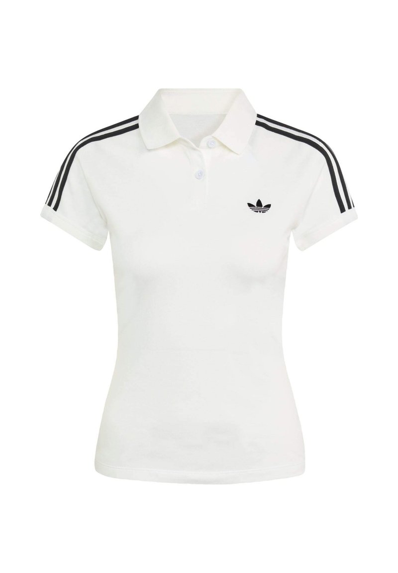 Camisa polo blanca hecha de algodón, con cuello, mangas cortas y detalles en negro con tres franjas en los hombros. Presenta un pequeño logo negro.