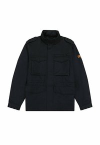 Schwarze Militärjacke mit hohem Kragen, zwei Brusttaschen und zwei Seitentaschen. Mit Schulterklappen und strukturiertem Stoff.
