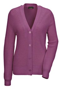 Lila gestrickte Strickjacke mit V-Ausschnitt, langen Ärmeln und fünf Knöpfen auf der Vorderseite. Verfügt über eine gerippte Textur und enganliegende Bündchen.