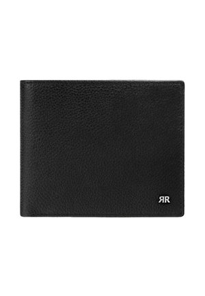 Sort tekstureret læderpung med dobbelt fold og et lille sølvfarvet "RR"-logo i nederste højre hjørne, lukket, isoleret på hvid baggrund.