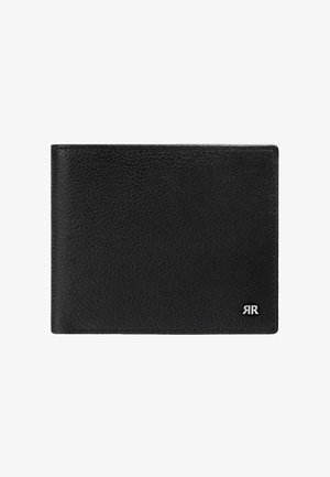 Cartera de cuero negro texturizado tipo bi-fold con un pequeño logo plateado "RR" en la esquina inferior derecha, cerrada, aislada sobre fondo blanco.