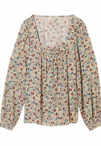 Floral long-sleeve blouse with a scoop neckline in light cream, featuring blue and red flower patterns, gathered detailing, and elastic cuffs.