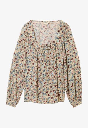 Florale Bluse mit langen Ärmeln und U-Ausschnitt in hellem Creme, mit blauen und roten Blumenmustern, gerafften Details und elastischen Bündchen.