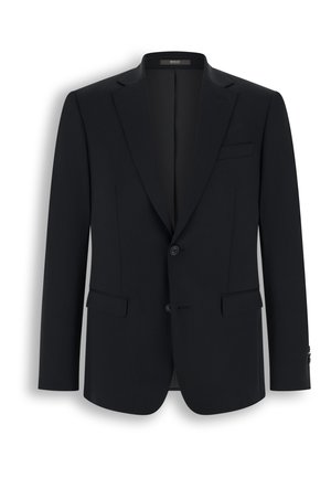 Blazer noir pour homme à boutonnage simple, avec revers crantés, deux boutons, des poches à rabat et une poche poitrine passepoilée, sur fond blanc.