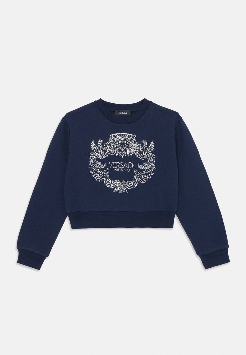 Sweatshirt cropped em azul marinho com um design decorativo de strass com o texto "Versace Milano". Feito de um tecido suave e com mangas longas.