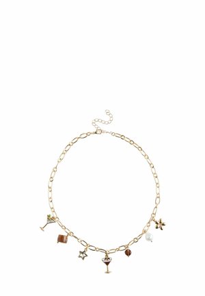 Gold chain bracelet with charms including a cocktail glass, star, flower, pearl, and brown beads on a white background.