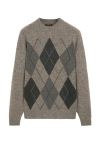 Maglione in misto lana marrone chiaro con motivo argyle in grigio scuro e nero, con scollo rotondo e polsini a coste.