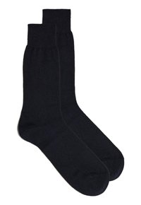 Sorte bomulds crew sokker med en glat tekstur og elastiske ribbede manchetter. Standard form, der er velegnet til både casual og formelt tøj.