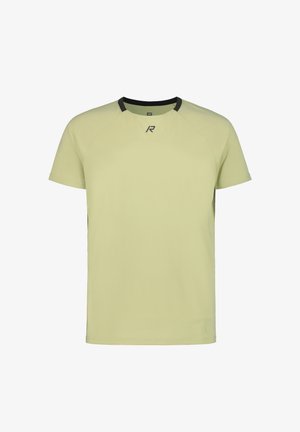 Hellgrünes, kurzärmeliges Sport-T-Shirt mit schwarzem Rundhalsausschnitt und kleinem "R"-Logo, das mittig unter dem Halsausschnitt angebracht ist.