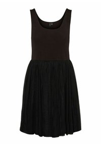 Schwarzes Kleid mit tailliertem Mieder und vollem, plissiertem Rock. Hergestellt aus weichem Stoff, verfügt es über einen Rundhalsausschnitt und ein ärmelloses Design.