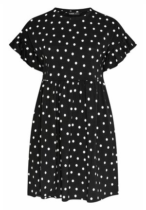 Vestito nero a maniche corte con pois bianchi, scollo rotondo, vita aderente e maniche arricciate.