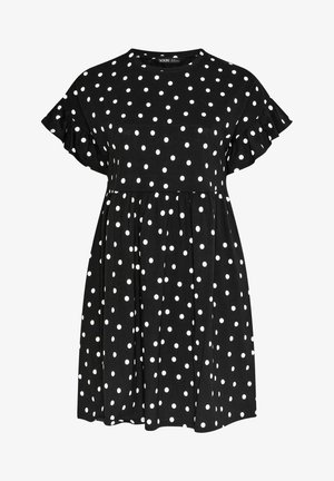 Vestito nero a maniche corte con pois bianchi, scollo rotondo, vita aderente e maniche arricciate.