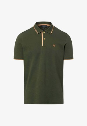 Dunkelgrünes kurzärmeliges Poloshirt mit orangefarbener Einfassung am Kragen, an den Ärmelsäumen und am Knopfleisten, mit einem kleinen orangefarbenen, bestickten Logo auf der Brust.