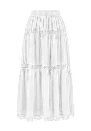 Gonna midi bianca a balze con cintura elasticizzata e dettagli in pizzo sulle balze e sull'orlo.