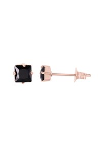 Orecchini a perno in oro rosa con una pietra nera quadrata e sfaccettata, montata in un supporto a gracchio con un sottile perno e un supporto a disco.