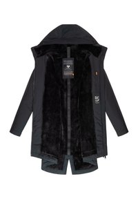 Czarna kurtka zapinana na zamek z miękką, czarną podszewką z sztucznego futra. Posiada odpinany kaptur oraz metki z dekoracyjnymi wzorami. Dwie boczne kieszenie.