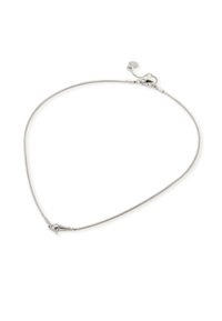 Silver necklace with a smooth, flexible chain, featuring a textured, woven detail at the front and a lobster clasp closure.