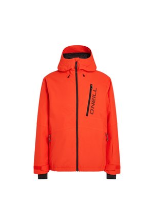 Red waterproof jacket with a hood, zippered pockets, black accents, adjustable cuffs, and a printed logo on the chest.