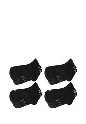 Schwarze Knöchelsocken mit einer strukturierten Oberfläche, geeignet für die Größen 43-46, mit einem Logo und der Größe an der Seite bedruckt. Vier Paar abgebildet.