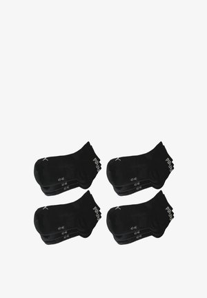 Schwarze Knöchelsocken mit einer strukturierten Oberfläche, geeignet für die Größen 43-46, mit einem Logo und der Größe an der Seite bedruckt. Vier Paar abgebildet.